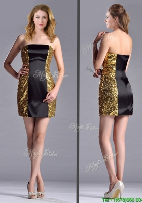 Popular Column Black and Gold Prom Dress in Sequins and Satin