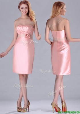 Short Strapless Knee Length Pink Bridesmaid Dress with Hand Crafted and Beading