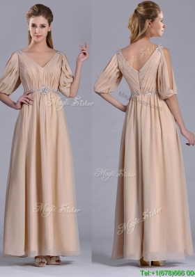 Elegant Beaded and Ruched V Neck Long Mother Dress in Champagne