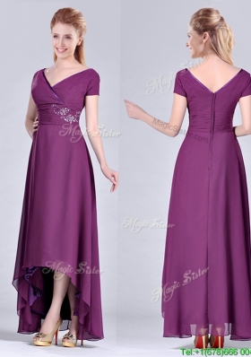 Short High-low Chiffon Dark Purple Short Sleeves Mother Dress with V Neck