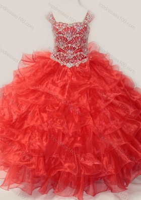 Ball Gown Straps Organza Beaded Bodice Lace Up Little Girl Pageant Dress in Red