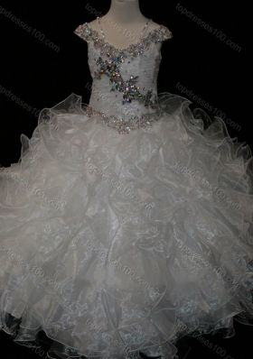 Big Puffy V-neck Ruffled Flower Girl Dresses with Spaghetti Straps and Sequins