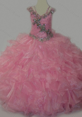 Popular V-neck Ruffled Little Girl Pageant Dress with Spaghetti Straps and Sequins