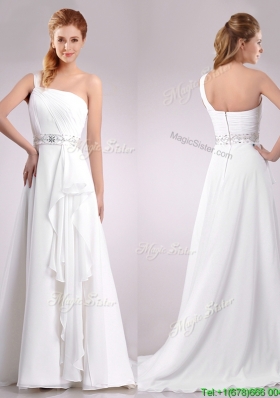 Delicate One Shoulder Brush Train Beaded Wedding Dress in Chiffon for 2016