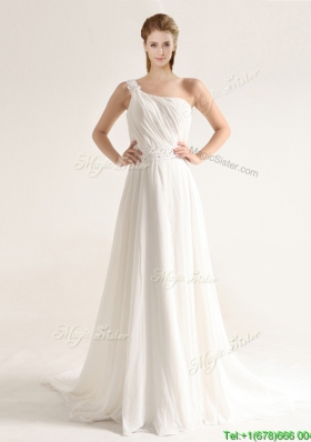 Elegant One Shoulder Court Train Wedding Dresses with Beading and Ruching