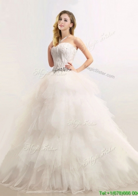 Sophisticated Strapless Feathered and Beaded Wedding Dresses in Tulle