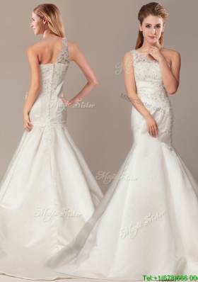 Beaded Decorate Shoulder Mermaid Wedding Dresses with Court Train