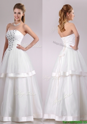 Beautiful Strapless A Line Beaded Long Wedding Dress in Tulle