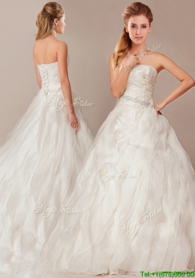 Elegant A Line Brush Train Wedding Dresses with Beading and Ruffles