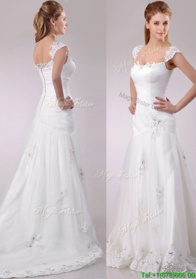 Exquisite Square Tulle Mermaid Brush Train Wedding Dress with Beading