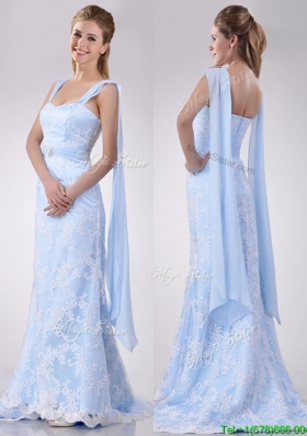Gorgeous Mermaid Beaded and Laced Light Blue Wedding Dress with Brush Train