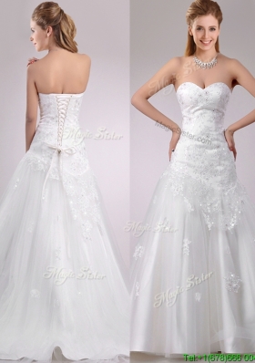 Lovely Be-ribboned Beaded and Applique Wedding Dress with Brush Train