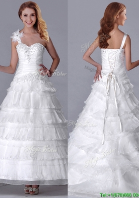 New Style One Shoulder Organza Brush Train Wedding Dress with Beading and Ruffled Layers