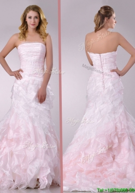 Most Popular Sweep Train Ruffled Light Pink Wedding Dress in Organza