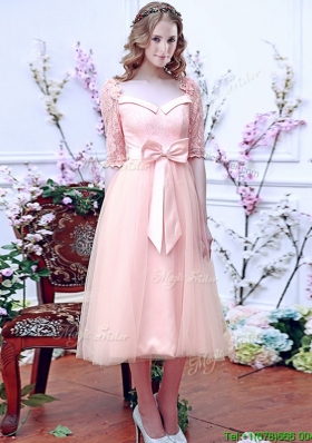 2016 Comfortable Square Half Sleeves Bowknot Bridesmaid Dress in Baby Pink