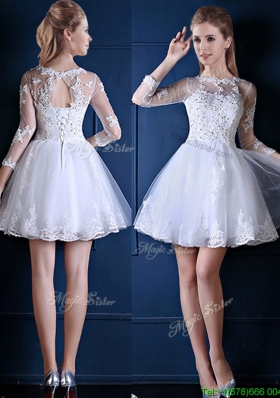 2016 New See Through Scoop Three Fourth Length Sleeves Short Dama Dresses in White