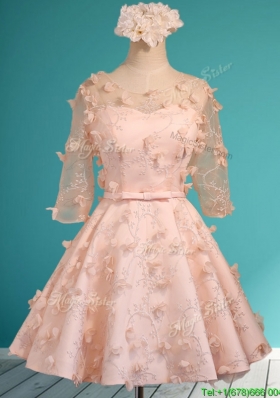2016 Wonderful Applique and Belted Scoop Short Bridesmaid Dresses in Peach