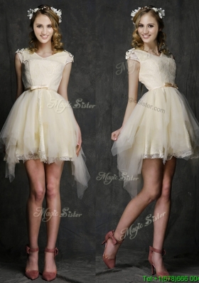 Best V Neck Cap Sleeves Short Bridesmaid Dress with Belt and Appliques