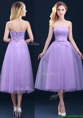 Discount Tea Length Tulle Lavender Bridesmaid Dress with Belt