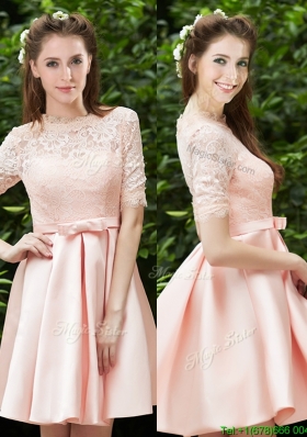 Lovely High Neck Short Sleeves Bridesmaid Dress with Lace and Bowknot