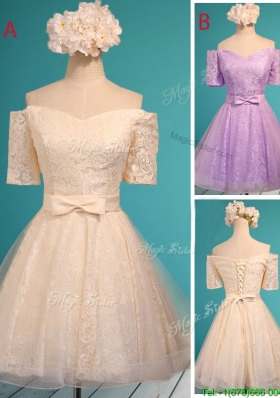 New Style Off the Shoulder Short Sleeves Dama Dresses  with Bowknot