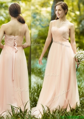 See Through One Shoulder Peach Dama Dresses  in Floor Length