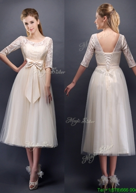 See Through Scoop Half Sleeves Champagne Bridesmaid Dress with Bowknot