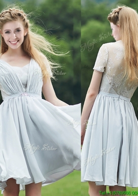 Elegant Sweetheart Short Sleeves Prom Dresses  with Belt and Lace