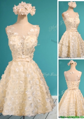 Cheap  Scoop Champagne Short  Dama Dresses  with Appliques and Belt