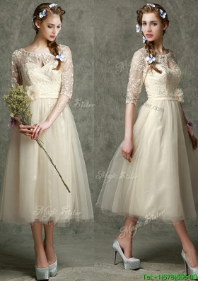 Cheap See Through Scoop Half Sleeves Dama Dresses  with Hand Made Flowers and Lace