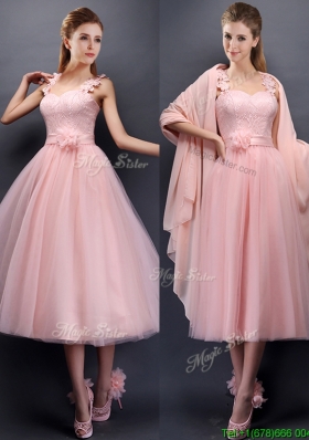 Classical Straps Baby Pink Bridesmaid Dress with Appliques and Hand Made Flowers