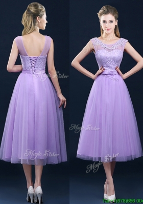Popular See Through Applique and Belt Dama Dresses  in Tulle