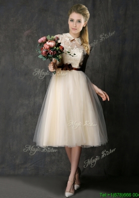 Elegant High Neck Champagne Mother Dressess with Hand Made Flowers and Lace