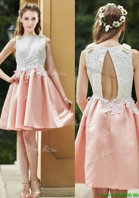 Popular Bateau Open Back Applique Short Bridesmaid Dress in Pink
