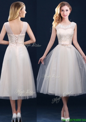 Popular Best Selling See Through Champagne Bridesmaid Dress with Appliques and Belt
