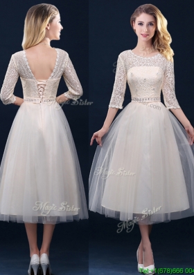 Elegant Hot Sale Laced and Applique Champagne Mother Dresses in Tea Length