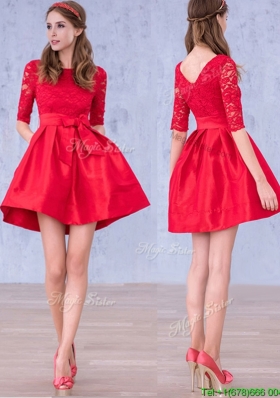 Most Popular Bowknot and Laced Scoop Half Sleeves Mother Dresses in Red