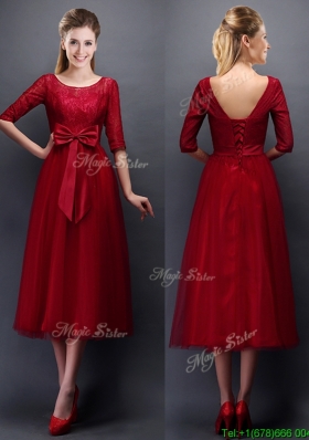 Most Popular Scoop Half Sleeves Bowknot Mother Dresses in Wine Red