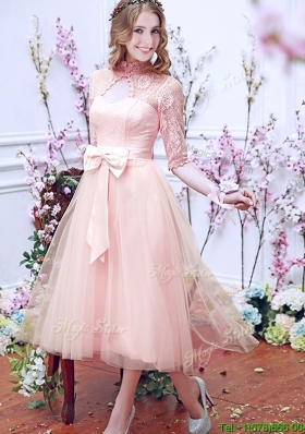 Most Popular See Through High Neck Half Sleeves Mother Dresses with Bowknot