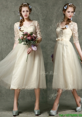 Most Popular V Neck Half Sleeves Mother Dresses with Lace and Belt