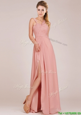 Modern Straps Peach Mother Dresses with Ruching and High Slit