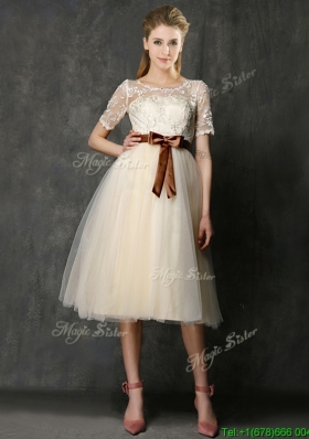 Most Popular See Through Scoop Short Sleeves Mother Dresses with Bowknot and Lace