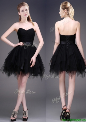 Sexy Best Selling Black Short Prom Dresses with Ruffles and Belt