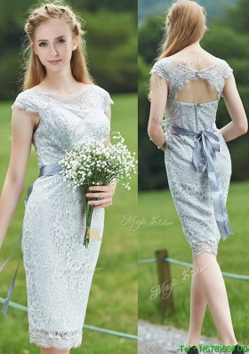 Wonderful Scoop Cap Sleeves Sashes Prom Dresses  in Grey
