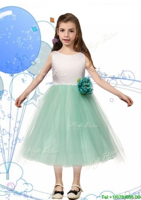 Comfortable Scoop Hand Made Flowers and Bowknot Little Girl Pageant Dress in Apple Green