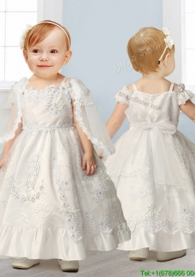 Best Spaghetti Straps Cap Sleeves Flower Girl Dress with Lace and Beading