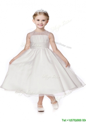 See Through Scoop Organza White Flower Girl Dress in Tea Length