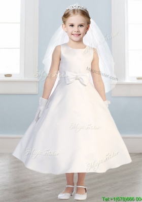 Simple Scoop Satin Bowknot Flower Girl Dress in White