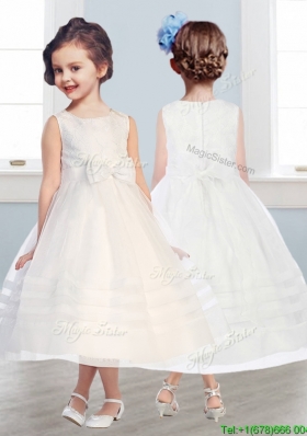 Wonderful Scoop Tulle Bowknot Flower Girl Dress in Champagne