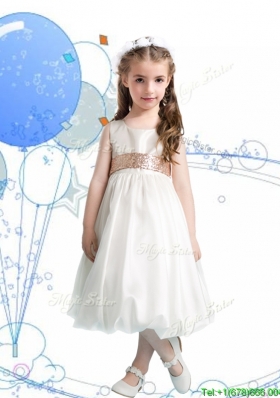 Gorgeous Scoop Sequins Flower Girl Dress in White for Spring